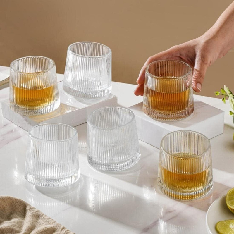 Rosefinch (Pack of 6) Designer Whiskey Tumbler – Ribbed Crystal Glass for Bourbon, Scotch & Cocktails Glass Whisky Glass(170 ml, Glass, Clear)