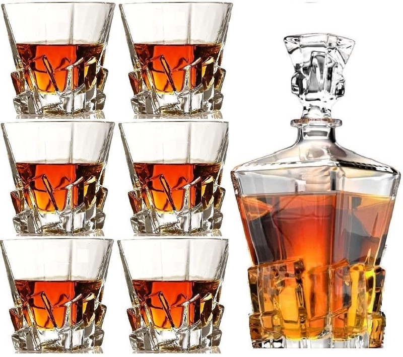 Bellemax Whiskey Decanter & Glasses Set, Lead-Free Glass(set of 6 glasses & 1 decanter) Decanter(Glass, 34 oz)