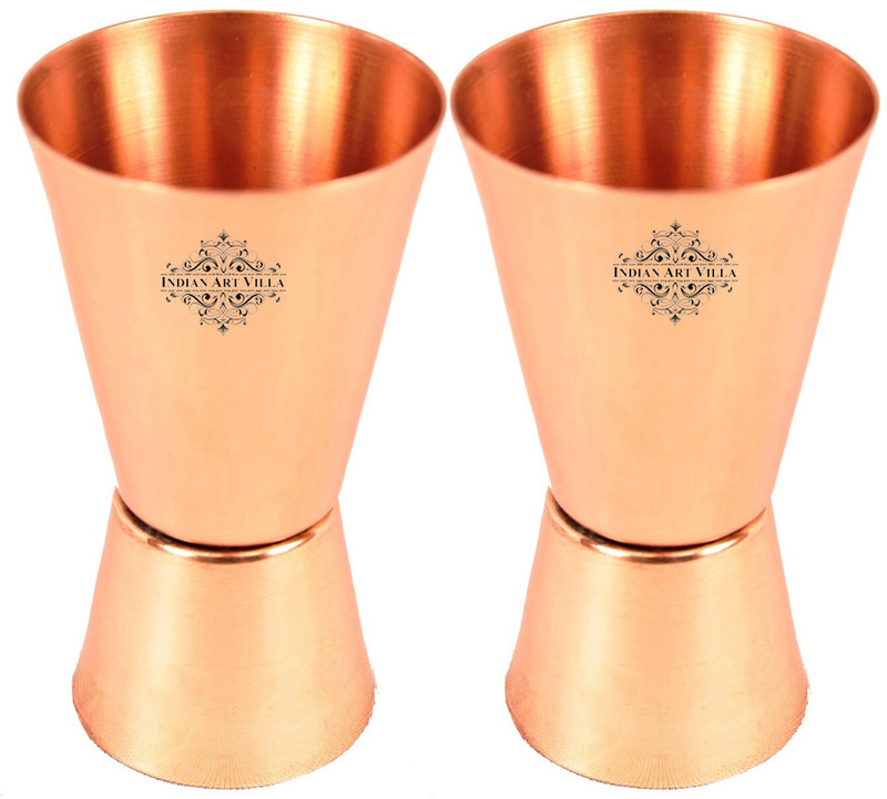 IndianArtVilla (Pack of 2) Set of 2 Pure Copper Shot Glass Jigger 50 ML each - Taquila Vodka Shot Drinkware Bar Hotel Restaurant Tableware Glass Beer Mug(100 ml, Copper, Brown)