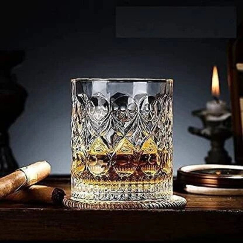 VLSYS (Pack of 6) Crystal Clear Diamond Cut Whiskey Glass - Luxury Bar 300 ml Glass Pack of 6 Pcs Perfect Scotch Rum Glass Set Whisky Glass(300 ml, Glass, Clear)