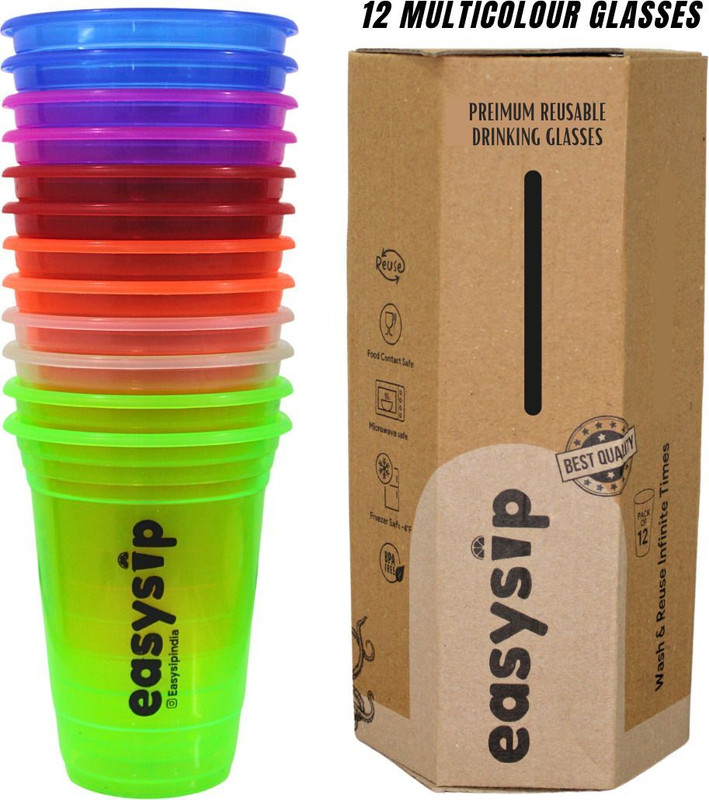 EASYSIP (Pack of 12) DRINKING REUSABLE PLASTIC GLASSES Glass Water/Juice Glass(400 ml, Plastic, Multicolor)