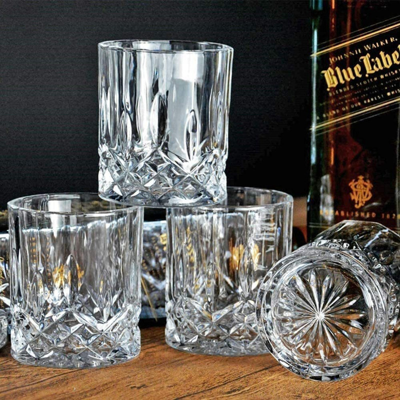 JISHAENTERPRISE (Pack of 4) 101_(300ML) Stylish Crystal Tumblers Lead-Free Diamond Round Whiskey glasses Glass Set Whisky Glass(300 ml, Glass, Clear)