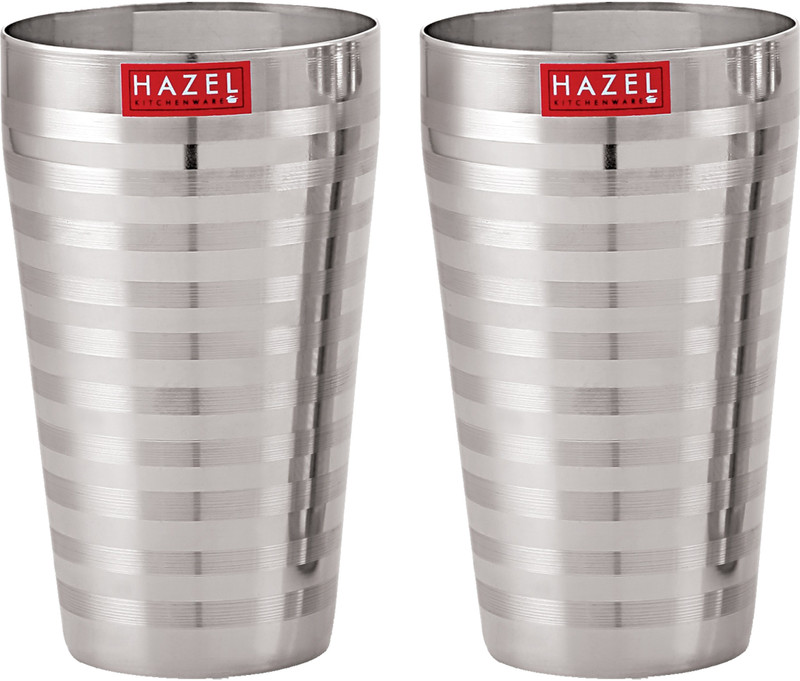 HAZEL (Pack of 2) Stainless Steel Stripped Design Traditional Shape Jumbo Water Lassi Glass Glass Water/Juice Glass(750 ml, Steel, Silver)