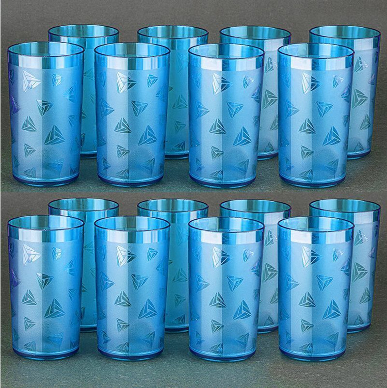 BELLERBIRD (Pack of 16) Premium quality clear prisam with diamond design Unbreakable Stylish Transparent Glass Set Water/Juice Glass(300 ml, Plastic, Blue)