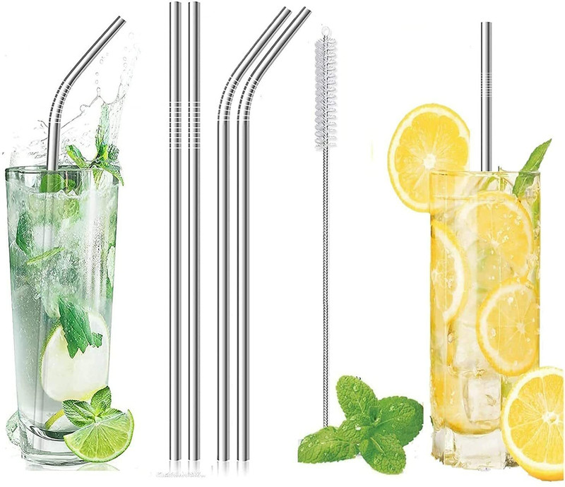 Vadhavan (Pack of 5) Drinking Stainless Steel Straw with Cleaning Brush-Metal Straws Drinking Juice Glass Set Water/Juice Glass(150 ml, Steel, Silver)