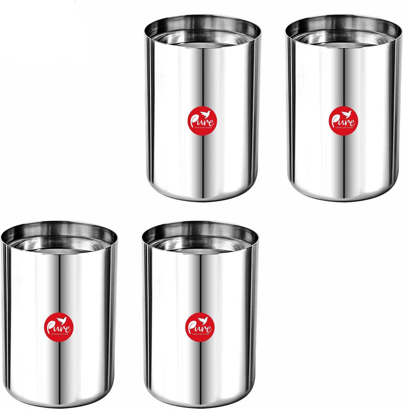 Pure (Pack of 4) Stainless Steel Amrapali Glass 300ml Heavy Gauge Mirror Finish Tumbler Set Glass Water/Juice Glass(300 ml, Steel, Silver)