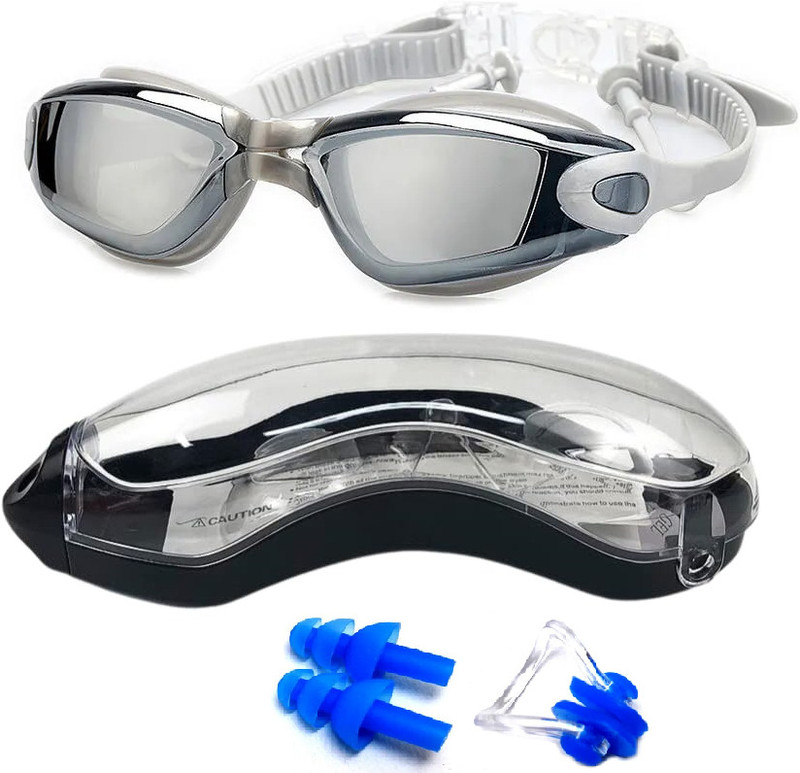 THE MORNING PLAY Mirrored Swimming Goggles Pro Clear Lens With Nose Ear Plugs SG-90 Swimming Goggles(White, Grey)