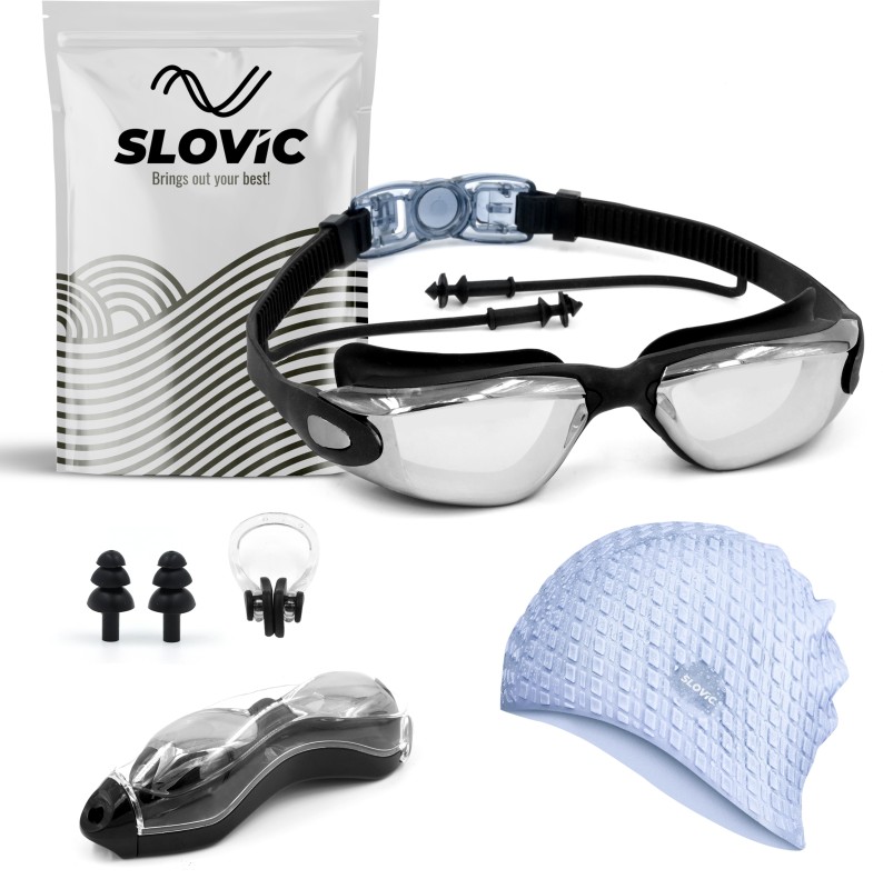 SLOVIC Swimming Kit Swimming Goggles & Swimming Cap with Ear Plug, Nose Clip | Anti Fog Swimming Goggles(Blue)