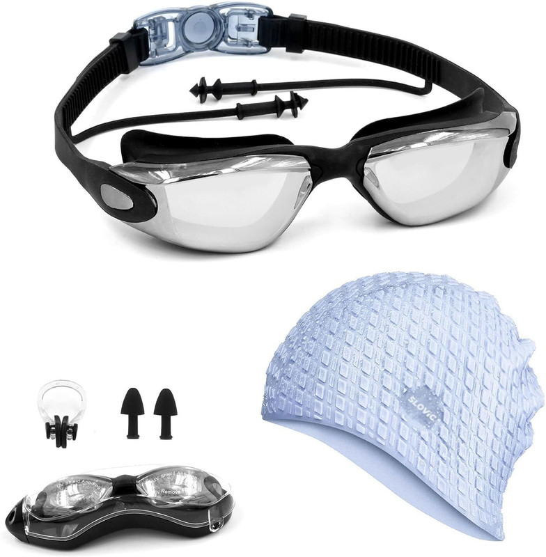 SLOVIC Swimming Kit Swimming Goggles & Swimming Cap with Ear Plug, Nose Clip | Anti Fog Swimming Goggles(Blue)