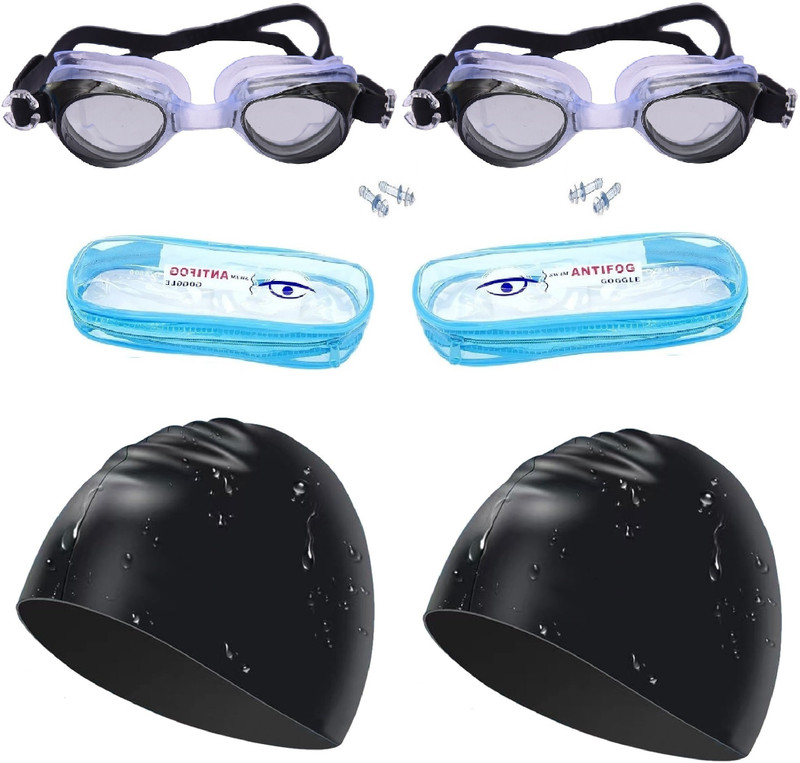 THE MORNING PLAY Swimming Cap and Goggles Set for Men Woman Boys Waterproof (PACK OF 4) Swimming Goggles(Blue)