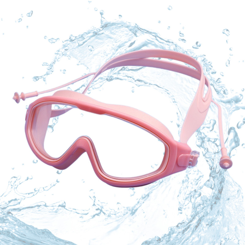 KARBD Swimming Goggles Large Frame Wide View Glasses with Ear Plugs Connected 5+ Years Swimming Goggles(Pink)