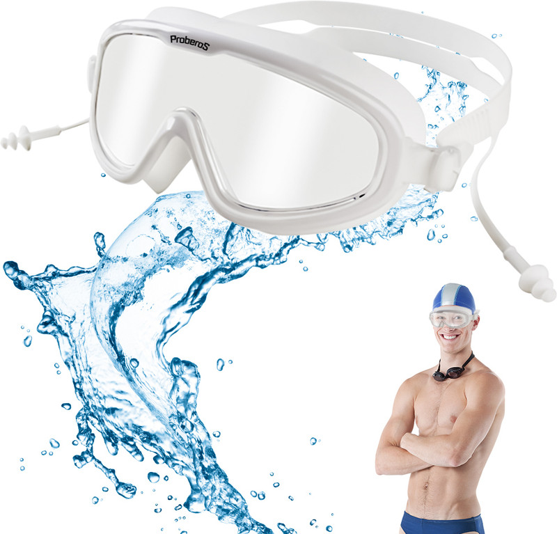 Zeitel Big Frame Swim Goggles for Adults AntiFog Oversized Design with Waterproof Swimming Goggles(White)