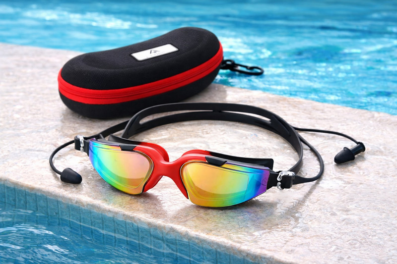 ArrowMax Swimming Goggles With Attached Earplugs Anti Fog Mirrored Swimming Goggles(Red)