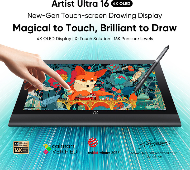 XP Pen Artist Ultra 16 XPPen 15.6 inch 4K OLED Touch Drawing Monitor, Dual 16K Stylus 13.55 x 7.62 inch Graphics Tablet Connectivity - Bluetooth(Black)