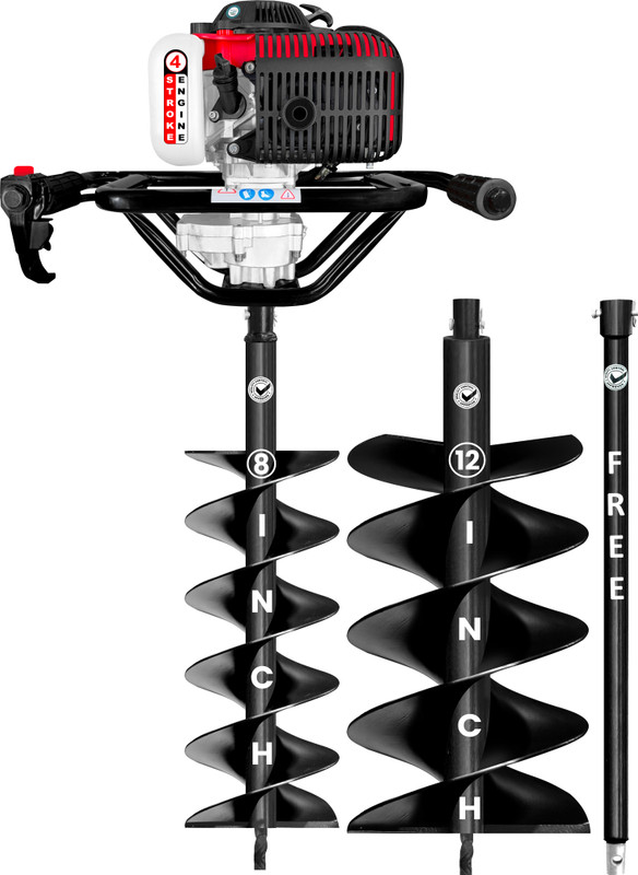 DVI 142CC 4 Stroke Petrol Engine Earth Auger with 8 Inch + 12 Inch Double Spiral Bit Fuel Grass Trimmer(Automated Feed)