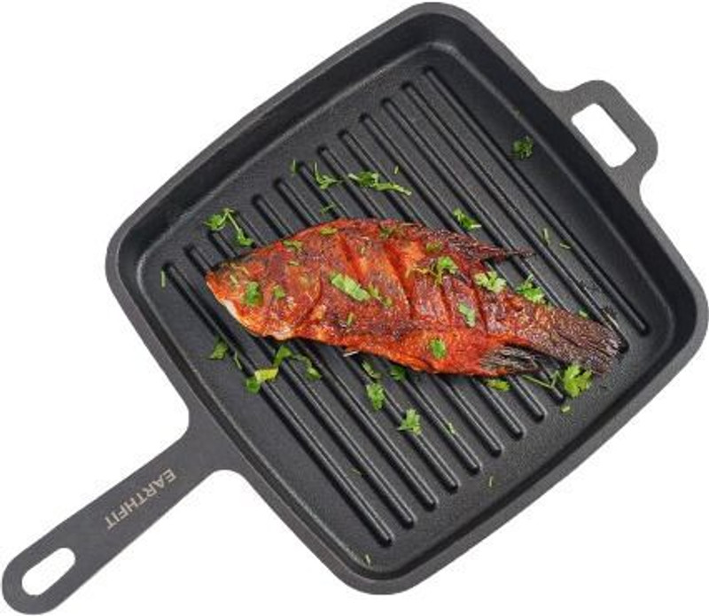 EARTHFIT Pre Seasoned 9 Inch Grill Skillet Cast Iron, Non Stick with Fabric Handle Cover Fish Basket Grill(Pack of 1)