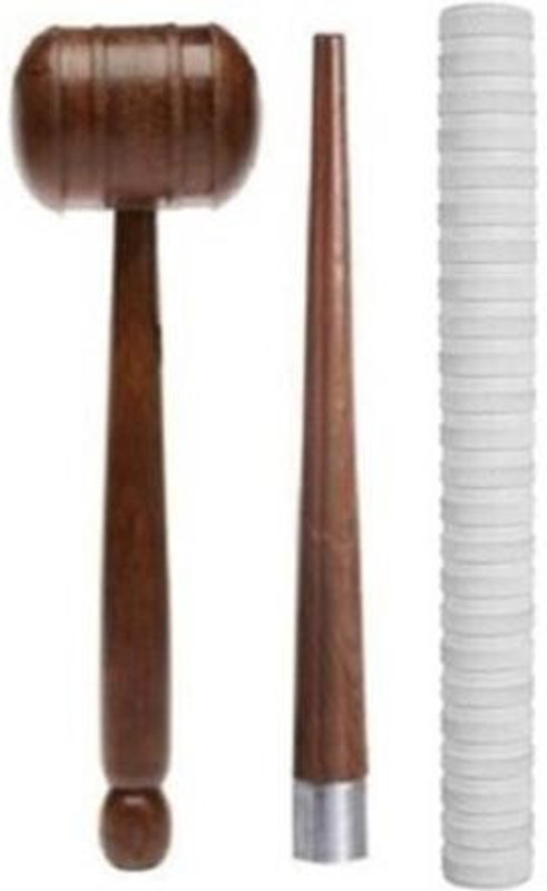 Dinetic NEW COMBO Of Cricket Bat Wooden 1Mallet & 1Gripper(cone) With 1 White Grip, Smooth Tacky(White, Brown, Pack of 3)