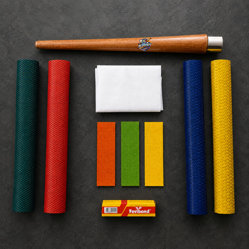 K KIRISH Bat Grips Combo | 4 bat Grips ,1 Cone, 3 Toe Guards,1 Fibre Tape & Fevibond Ergonomic(Multicolor, Pack of 5)