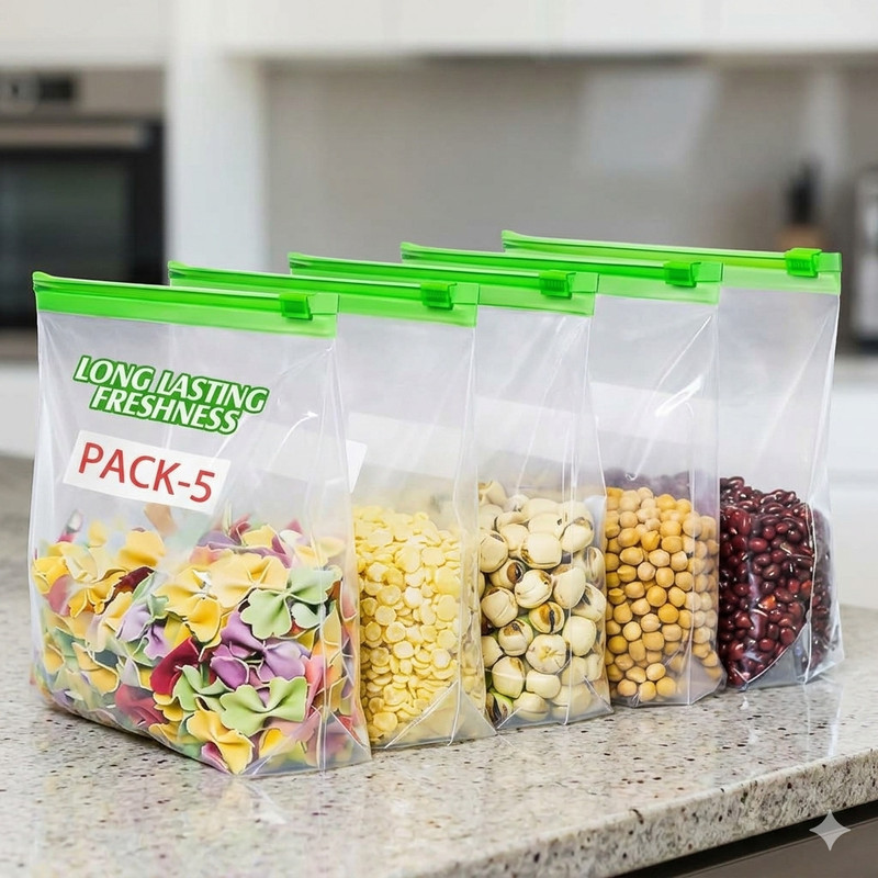 RVK Reusable Zip Lock Bags 9x10 Inch Medium Size (Pack of 5) Airtight Leak Pack of 5 Grocery Bags(Multicolor)