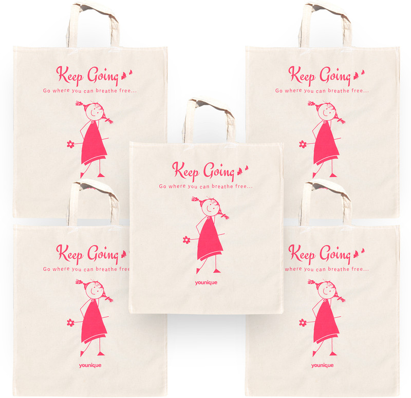 Younique Cotton Eco-Friendly Reusable Multipurpose Shopping Bags(Keep Going) - Pack of 5 Grocery Bags(Beige)