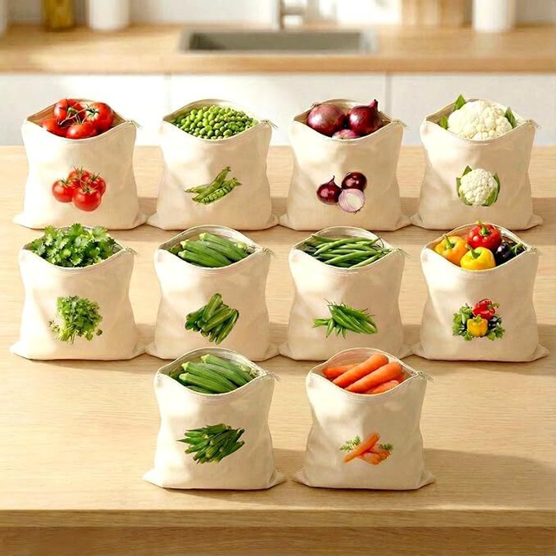KAKUSHIN Eco Cotton Reusable Vegetable Storage Bags – Pack of 10 Pack of 10 Grocery Bags(Beige)