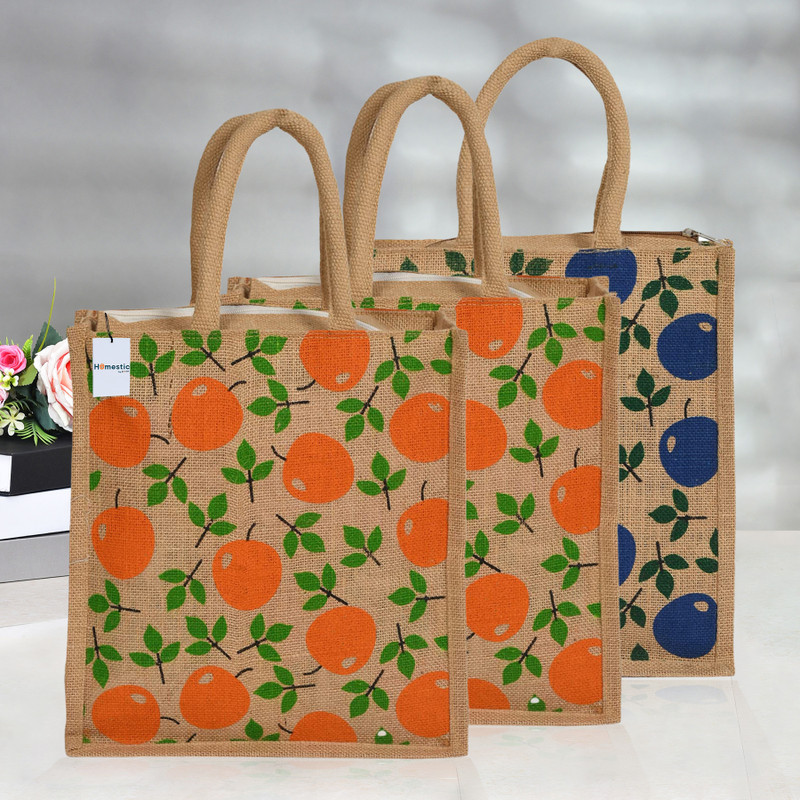 HOMESTIC Jute Carry Grocery Bag with Zip|Shopping Bag with Handle |Pack of 3|Multi Pack of 3 Grocery Bags(Multicolor)