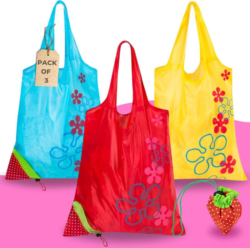 BulkHunt Set of 3 Nylon Reusable Strawberry Bags Eco Friendly Colors as per Availability Pack of 3 Grocery Bags(Multicolor)
