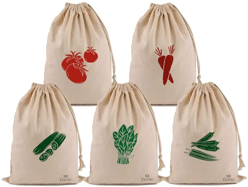 NB crafted Vegetable Cotton Bags for Fridge Storage Mesh Bags with Drawstring Size 35x27 cm Pack of 5 Grocery Bags(Multicolor)