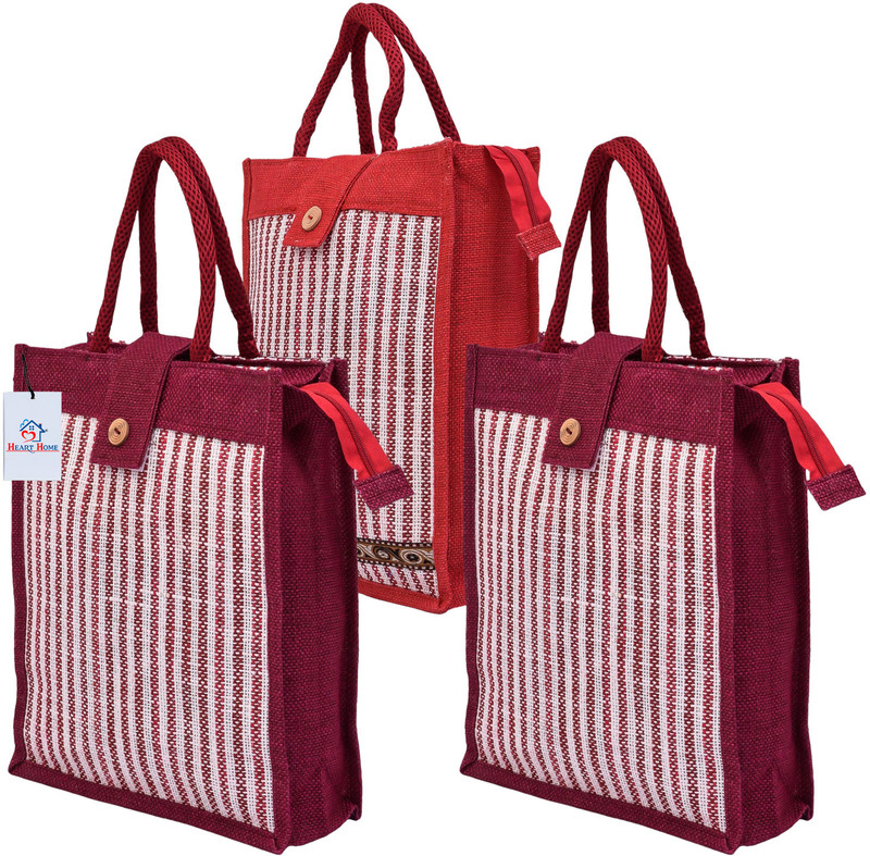 Heart Home Jute Top Flap-Lining Carry Shopping Bag with Handle |Medium|Pack of 3|Multi Pack of 3 Grocery Bags(Multicolor)