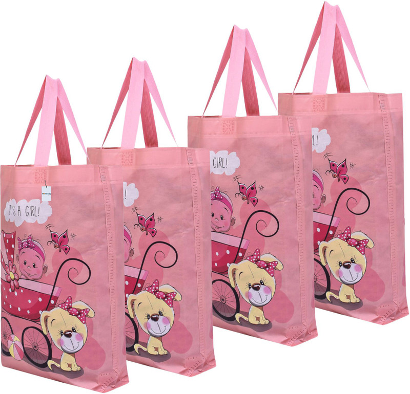 Heart Home Reusable Girl-Print Shopping Bag With Handle|Pack of 8|Peach Pack of 8 Grocery Bags(Pink)