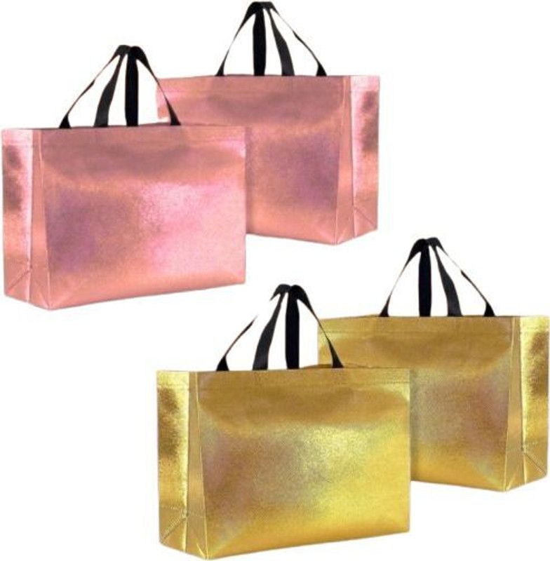 Koogly Blue & Gold Gift Bags With Glossy Finish & Black Handles - Goodie Bags Pack of 4 Grocery Bags(Gold, Pink)