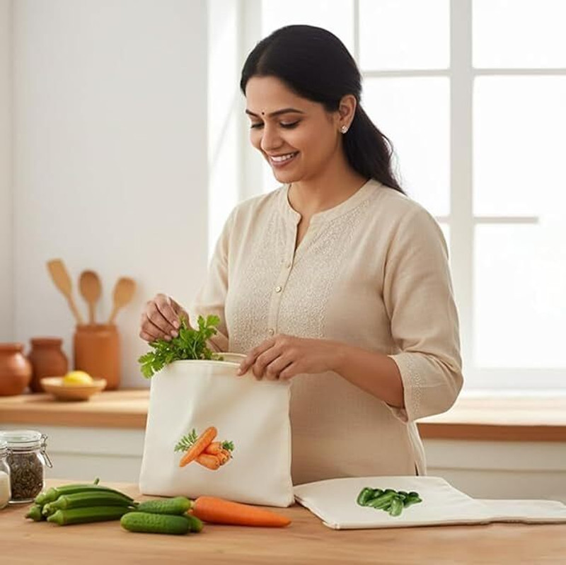 IP DHAMELIYA Breathable 100% Cotton Grocery Storage Bag for Vegetables & Fruits – Reusable Pack of 10 Grocery Bags(Beige)