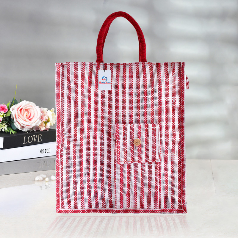 Heart Home Jute Lining Front Pocket Carry Shopping Bag with Handle|Medium|Red Grocery Bag(Red)