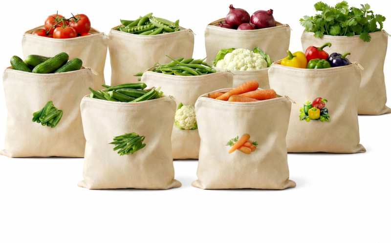 Sharvik Vegetable Bags Refrigerator 100% Cotton Reusable Veg Storage Pouches with Zipper Pack of 10 Grocery Bags(White)