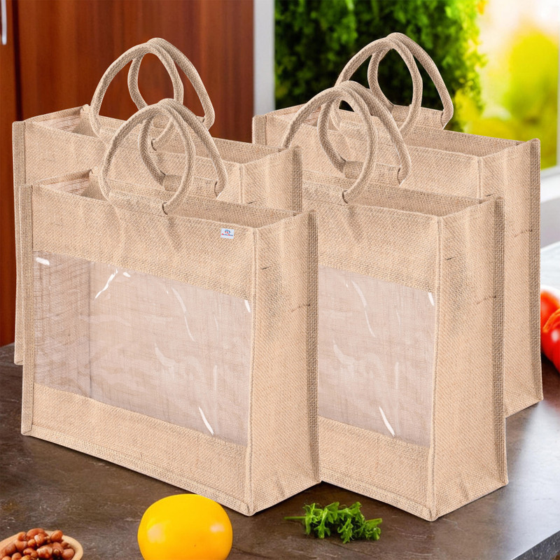 Heart Home Pack of 4 Reusable Jute Grocery Bags for Shopping, Carry Jhola for Women | Brown Pack of 4 Grocery Bags(Brown)