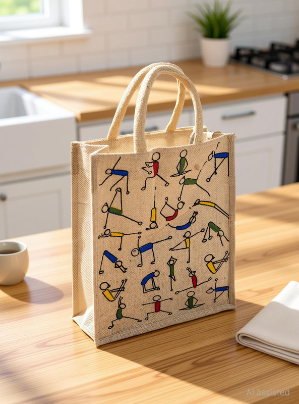 STORITE Eco-Friendly Jute Bag, Yoga Printed Tiffin/Shopping Bag with Zip & Handle- Grocery Bag(Beige)