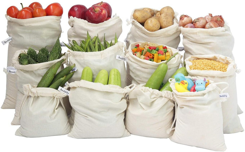 FOBIXEN 100% Cotton Vegetable Storage Bags for Fruits, Vegetables & Grocery Storage Pack of 6 Grocery Bags(Beige)