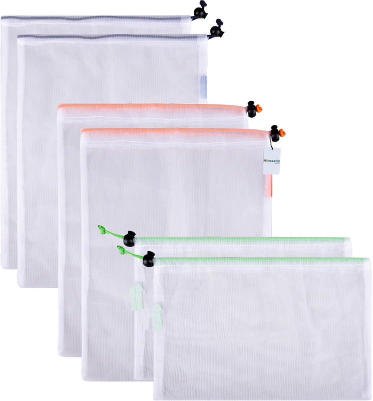 HOMESTIC Reusable Mesh Storage Bag|2-S|2-M|2-L|6 Piece Set|White Pack of 6 Grocery Bags(White)