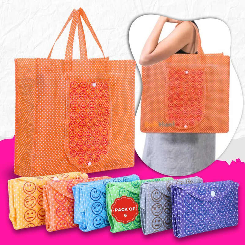 BulkHunt 6 Pcs Foldable Reusable Shopping Bags Emoji Printed Non Woven Bag with Handle Pack of 6 Grocery Bags(Multicolor)