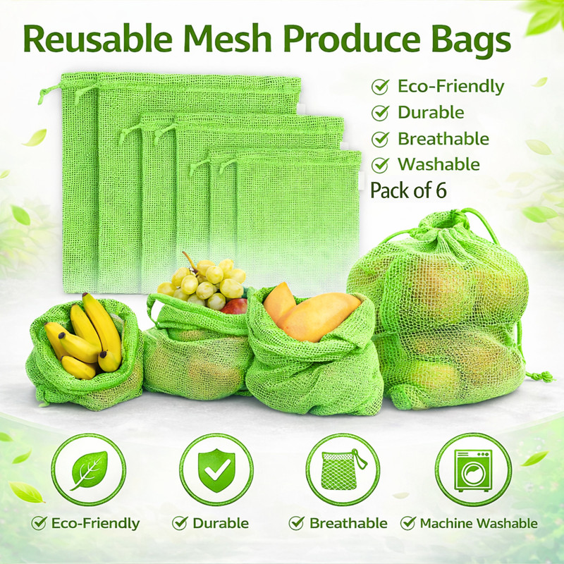 Flipkart SmartBuy Cotton Vegetable Storage Bag for Fridge & Freezer | Reusable Sabji Kitchen Pouch Pack of 6 Grocery Bags(Green, Green)