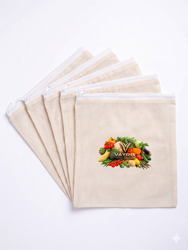 VAYRIX Long Life Washable Cotton Zipper Pouch for Daily Vegetable Freshness Pack of 5 Grocery Bags(White)