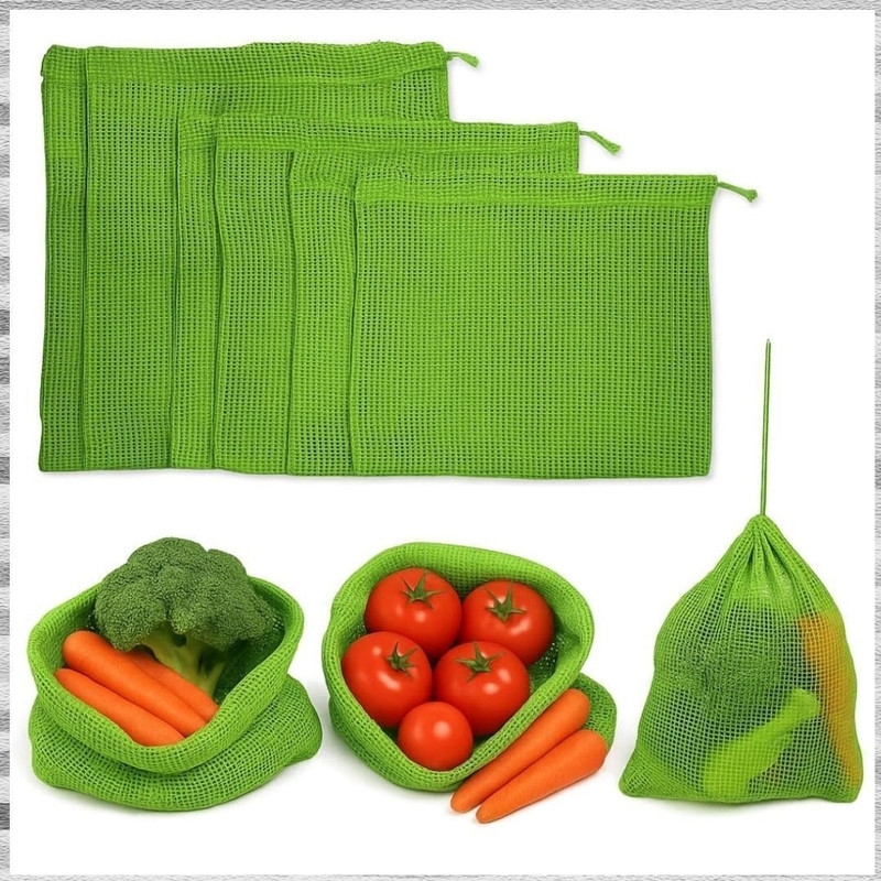 paramdhyey Reusable Mesh Cotton Net Bags with Drawstring | Vegetable & Fridge Storage Pack of 6 Grocery Bags(Green)