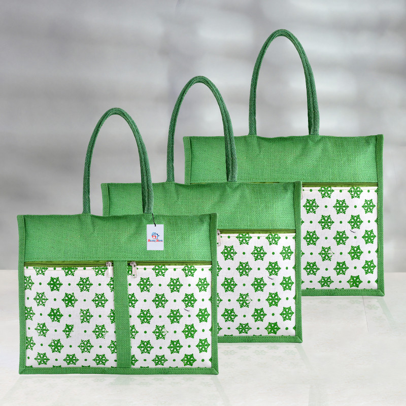 Heart Home Jute Flower Front Double Pocket Shopping Bag with Handle|Large|Pack of 3|Green Pack of 3 Grocery Bags(Green)