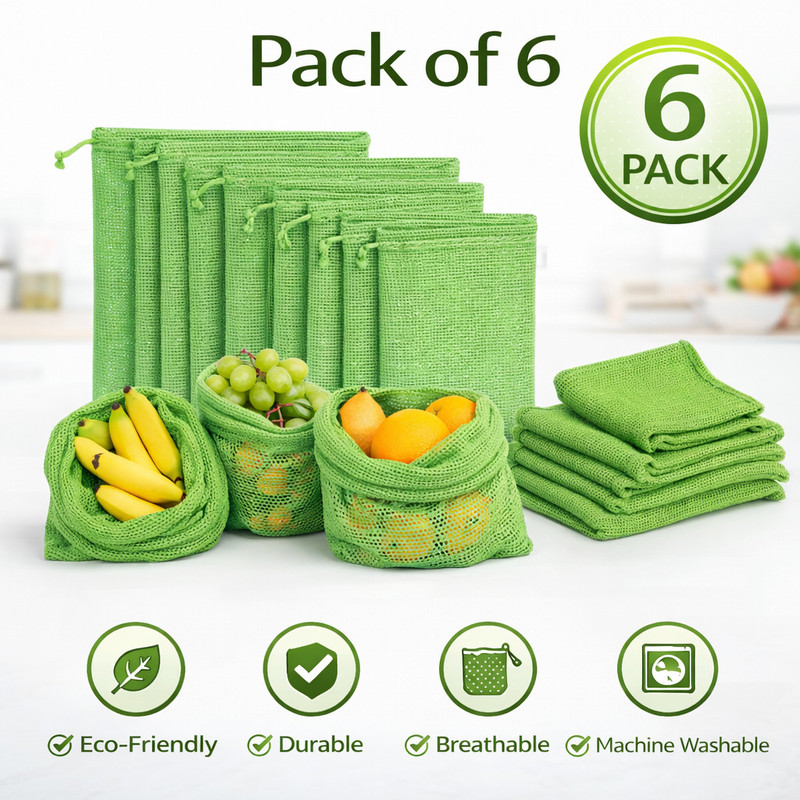 NB crafted Vegetable Storage Bags for Fridge, Cotton Mesh Bag Reusable and Washable Pack of 6 Grocery Bags(White)
