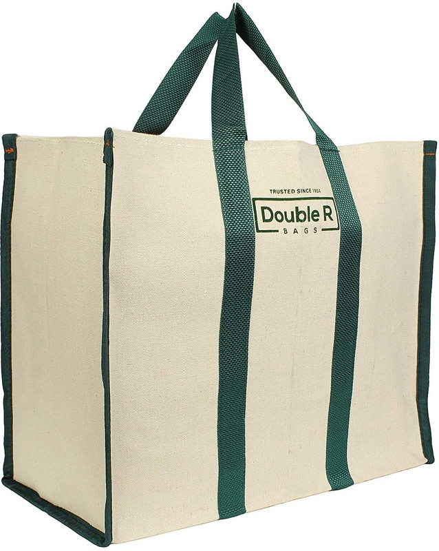 Double R Canvas Shopping Bags for Market Milk, Grocery, Vegetable with Reinforced Handles - jhola - Kitchen Essential (17x8.5x14-inches) Grocery Bag(Green, White)