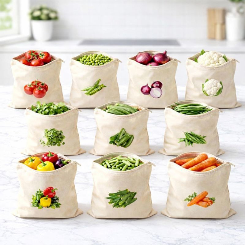 Pamidhar Pure Cotton Reusable Vegetable Bags for Fridge | Eco-Friendly | 12x12 Inches | Pack of 10 Grocery Bags(Beige)