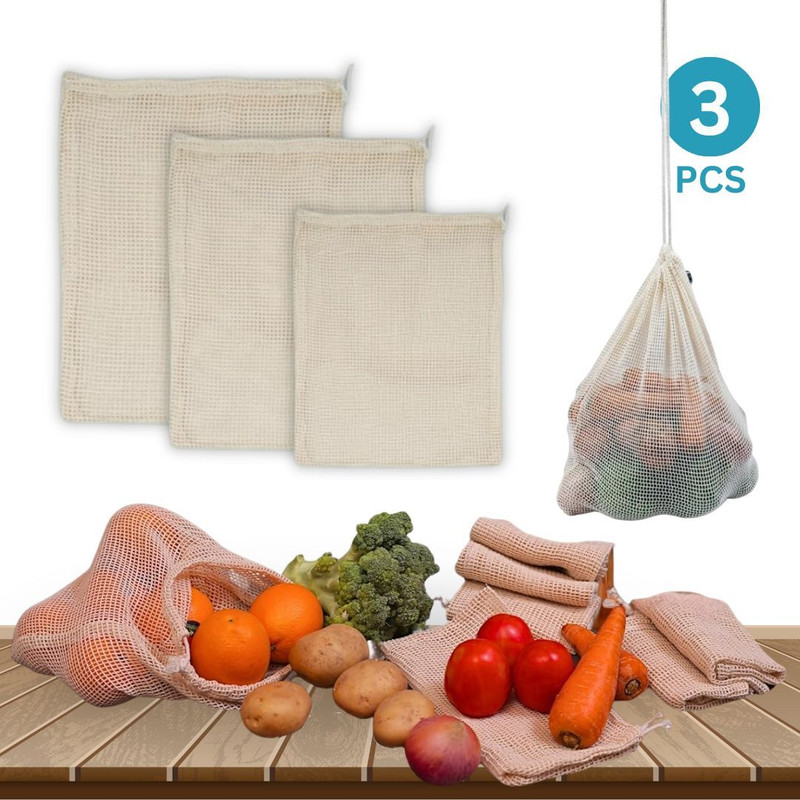 CLICK SHOP 100% Cotton Vegetable Grocery Fridge Storage Bags Sabji Pouch Reusable Washable Pack of 3 Grocery Bags(Beige)
