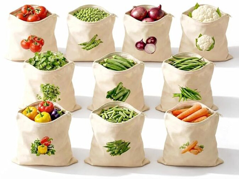 Vishbin 10Pcs Vegetable Printed Cotton Bags for Fridge | Reusable Veg Storage Bags Pack of 10 Grocery Bags(Multicolor)