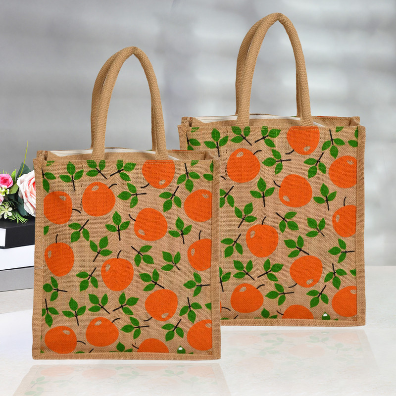 KUBER INDUSTRIES Jute Red Apple Grocery Bag|Shopping Bag with Handle|Pack of 2|Brown Pack of 2 Grocery Bags(Brown)