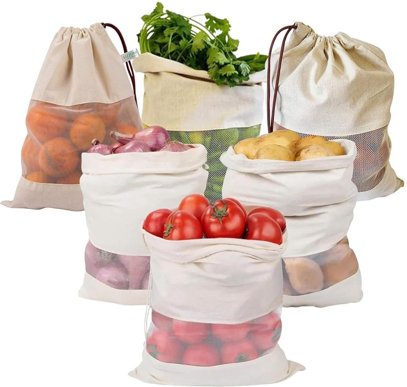 Craftbin Cotton Vegetable bag for fridge Kitchen Vegetable Storage bag Washable Pack of 6 Grocery Bags(Beige)